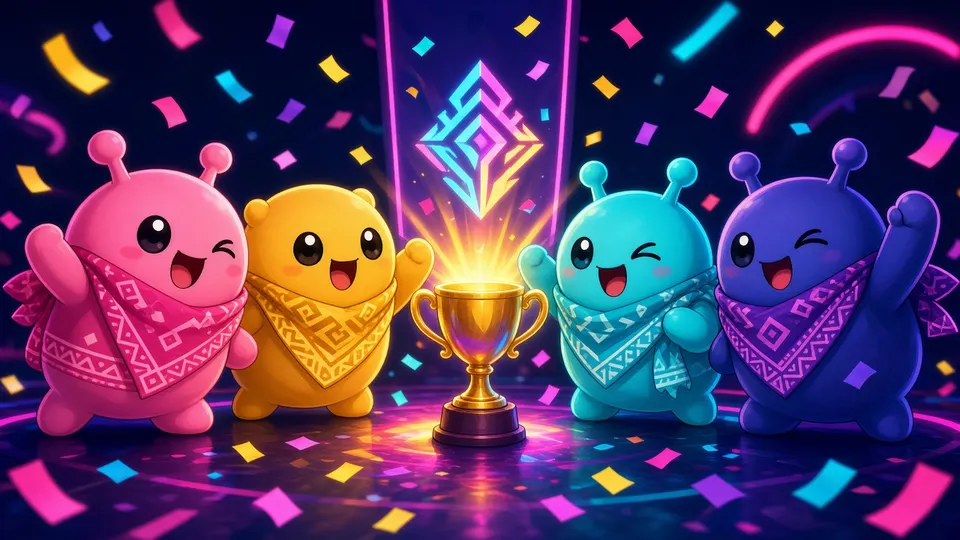 Four colourful original creatures celebrating around a trophy with confetti