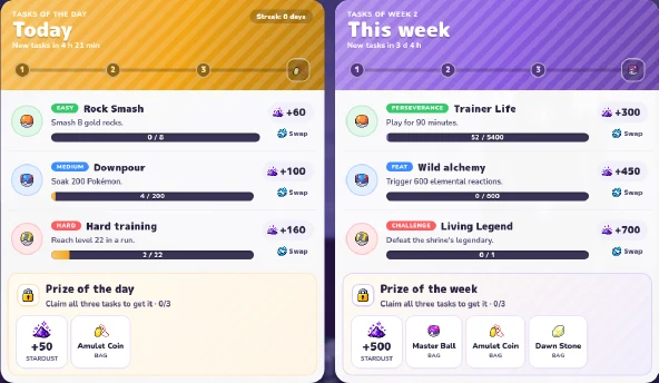 Tareas diarias y semanales con sus recompensas capturadas