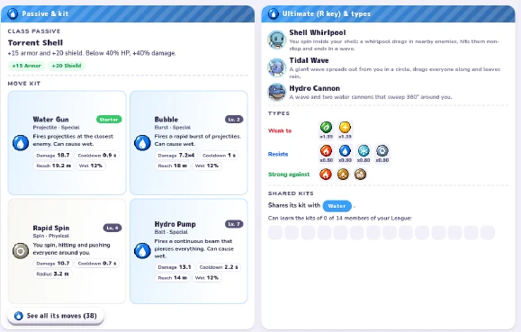 Panel de referencia de habilidades definitivas y tipos de Squirtle