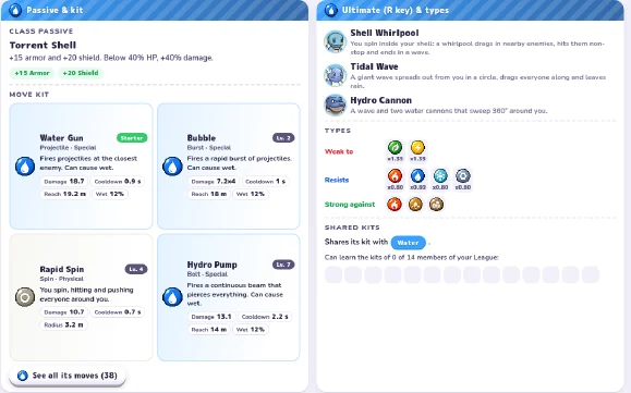 Paneles de pasiva, movimientos y habilidad definitiva de Squirtle