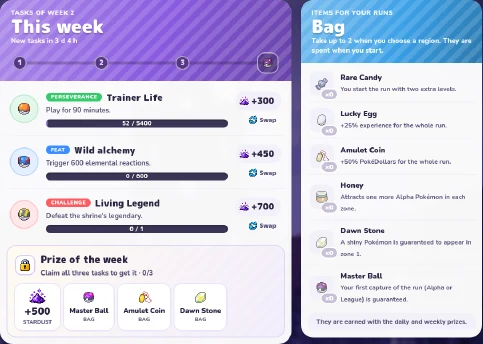 Recompensas semanales junto a la bolsa de consumibles