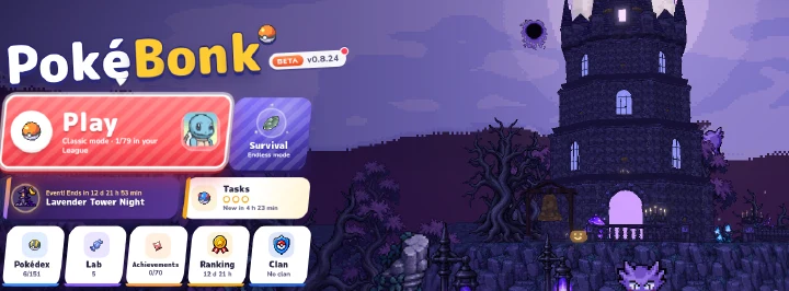 Menú de PokéBonk con versión y castillo de fondo