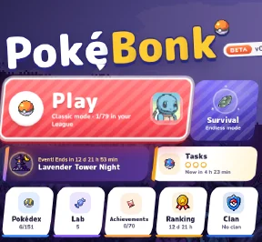 Menú de PokéBonk con Jugar, Supervivencia, Tareas, Liga y Laboratorio; se excluyeron la cuenta y las filas de clasificación.