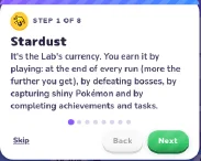 El tutorial del Laboratorio explica cómo obtener Polvo Estelar jugando, derrotando jefes, capturando variocolor y completando logros y tareas.