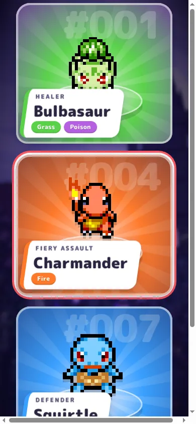 Compañeros iniciales: Bulbasaur cura, Charmander ataca y Squirtle defiende.
