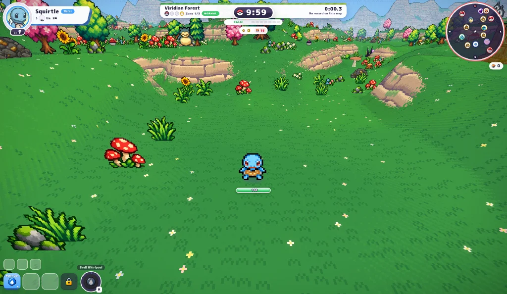Partida Classic en el Bosque Verde con Squirtle, temporizador, minimapa y controles.