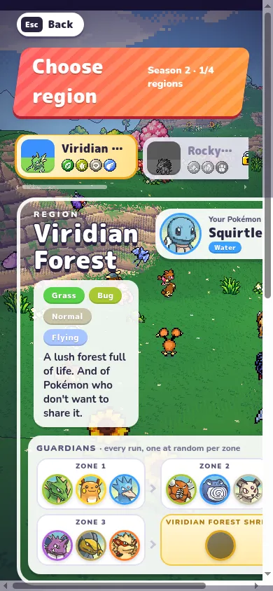 Region selection: Viridian Forest shows its types and possible zone guardians.